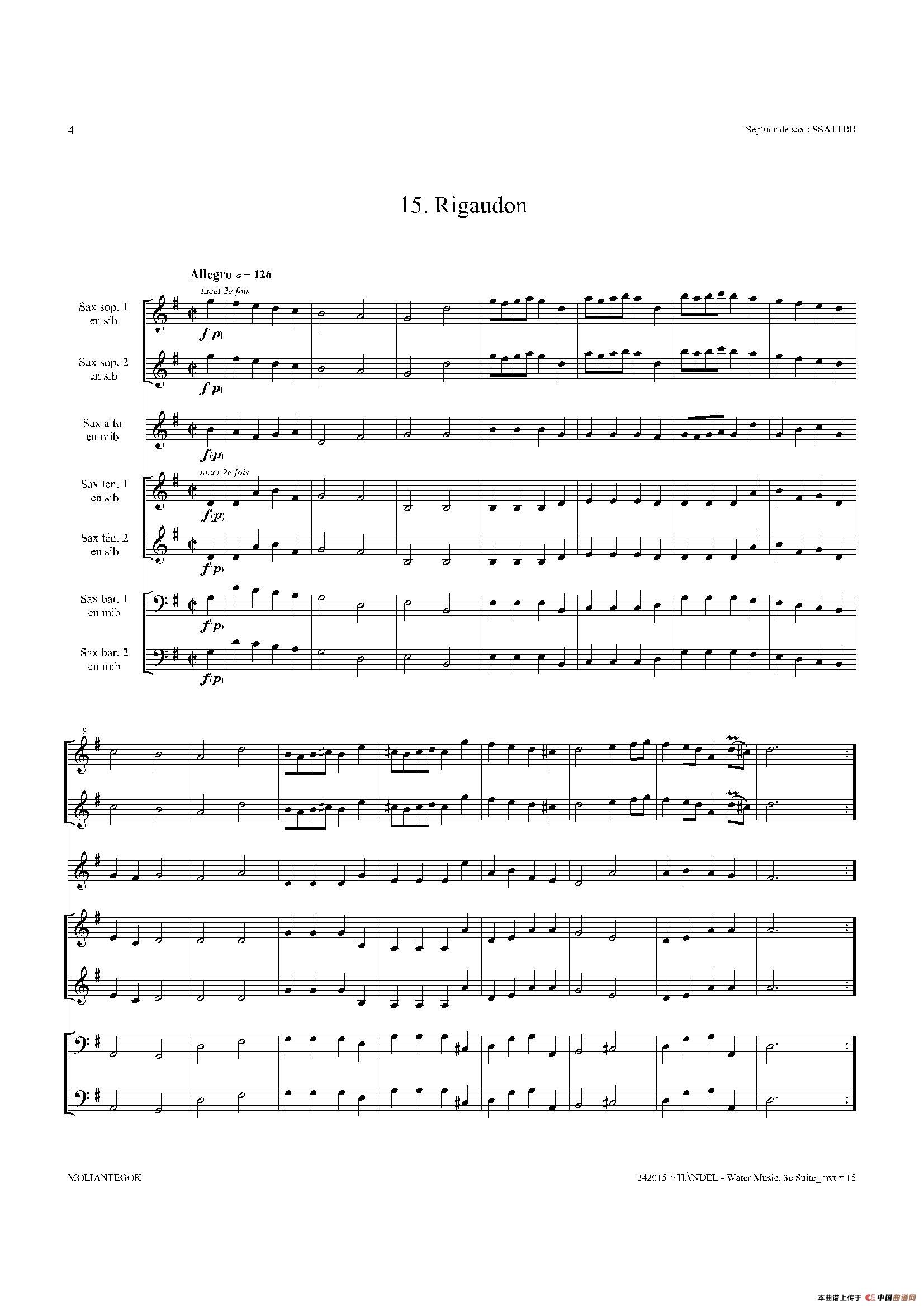 Water Music（HWV.350 No.3）（萨克斯合奏总谱）萨克斯曲谱（图3）