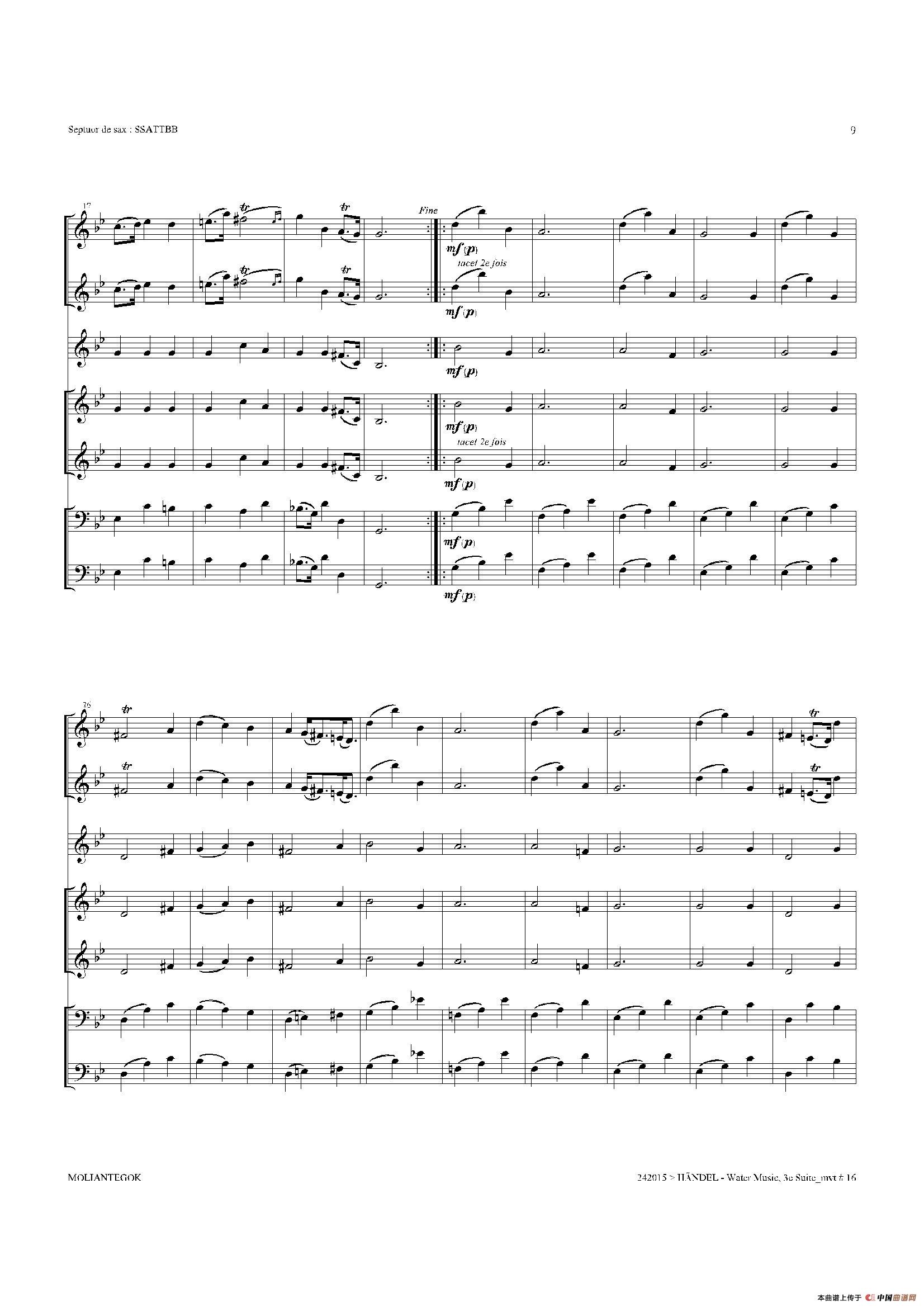 Water Music（HWV.350 No.3）（萨克斯合奏总谱）萨克斯曲谱（图8）