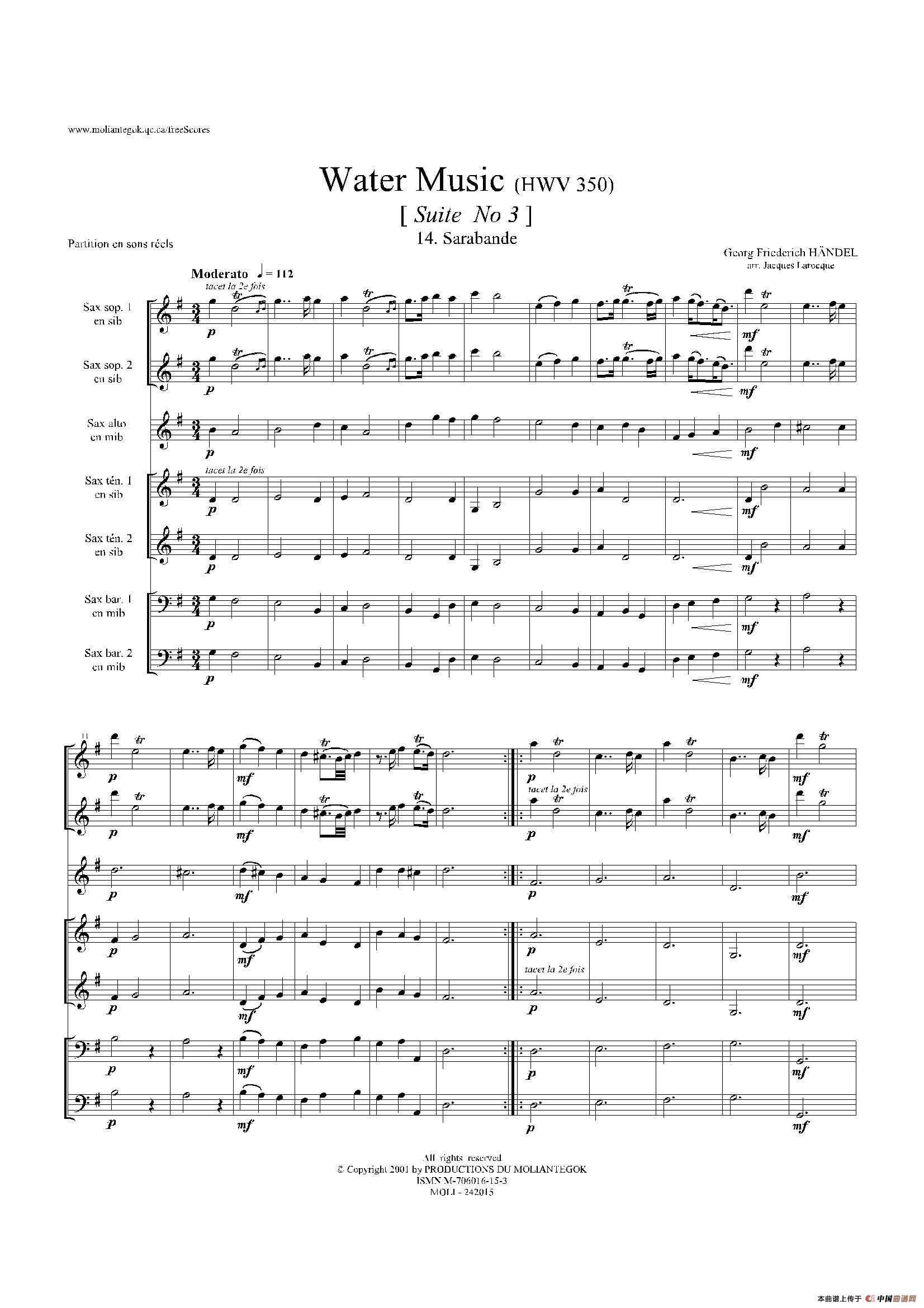 Water Music（HWV.350 No.3）（萨克斯合奏总谱）萨克斯曲谱（图1）