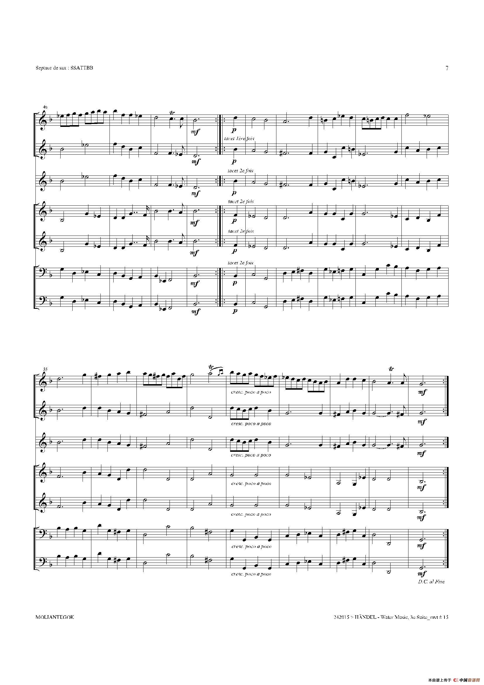 Water Music（HWV.350 No.3）（萨克斯合奏总谱）萨克斯曲谱（图6）