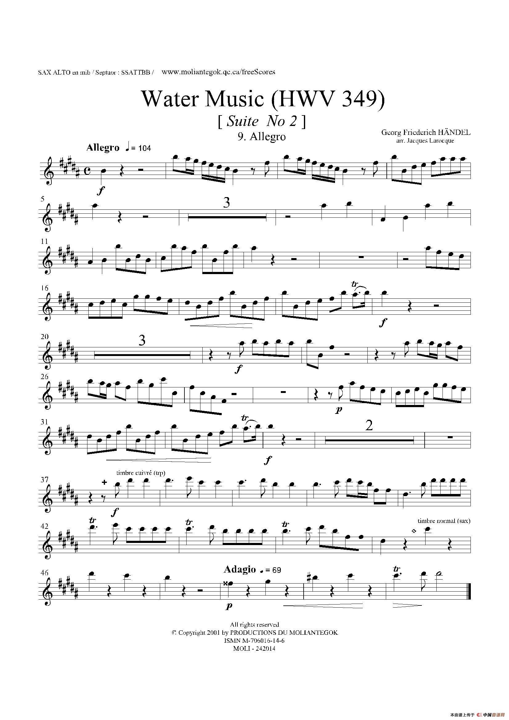 Water Music（HWV.349 No.2）（中音萨克斯）萨克斯曲谱（图1）