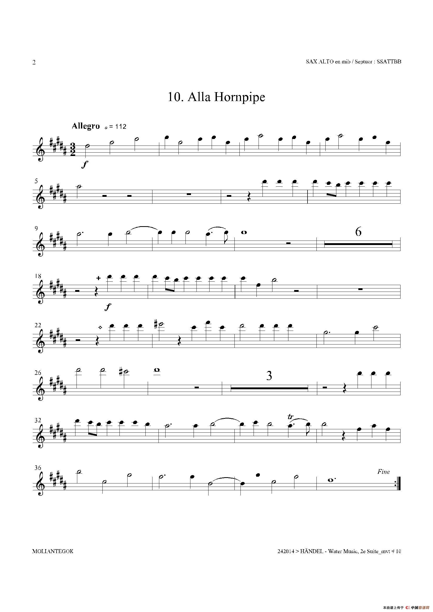 Water Music（HWV.349 No.2）（中音萨克斯）萨克斯曲谱（图2）