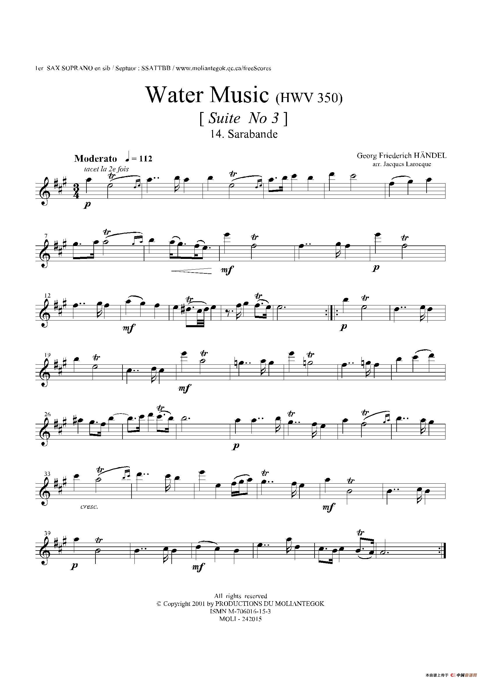 Water Music（HWV.350 No.3）（第一高音萨克斯）萨克斯曲谱（图1）