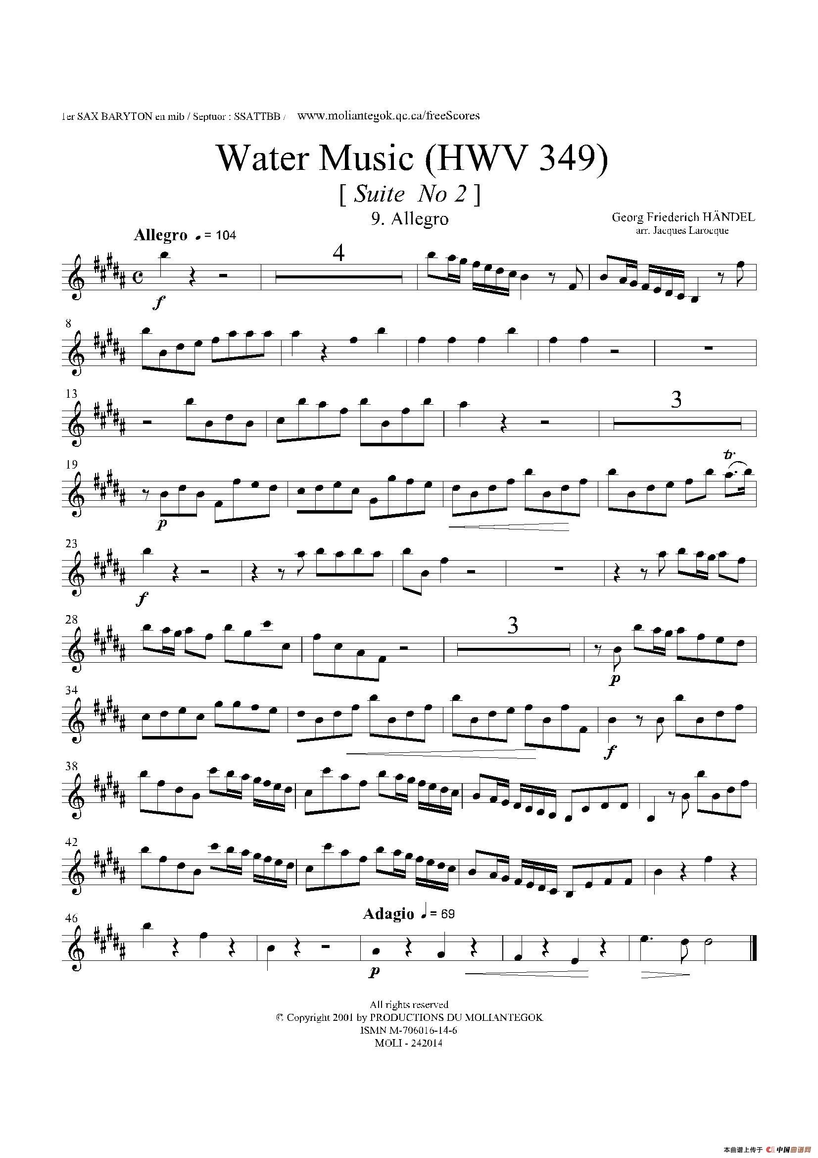 Water Music（HWV.349 No.2）（第一上低音萨克斯）萨克斯曲谱（图1）