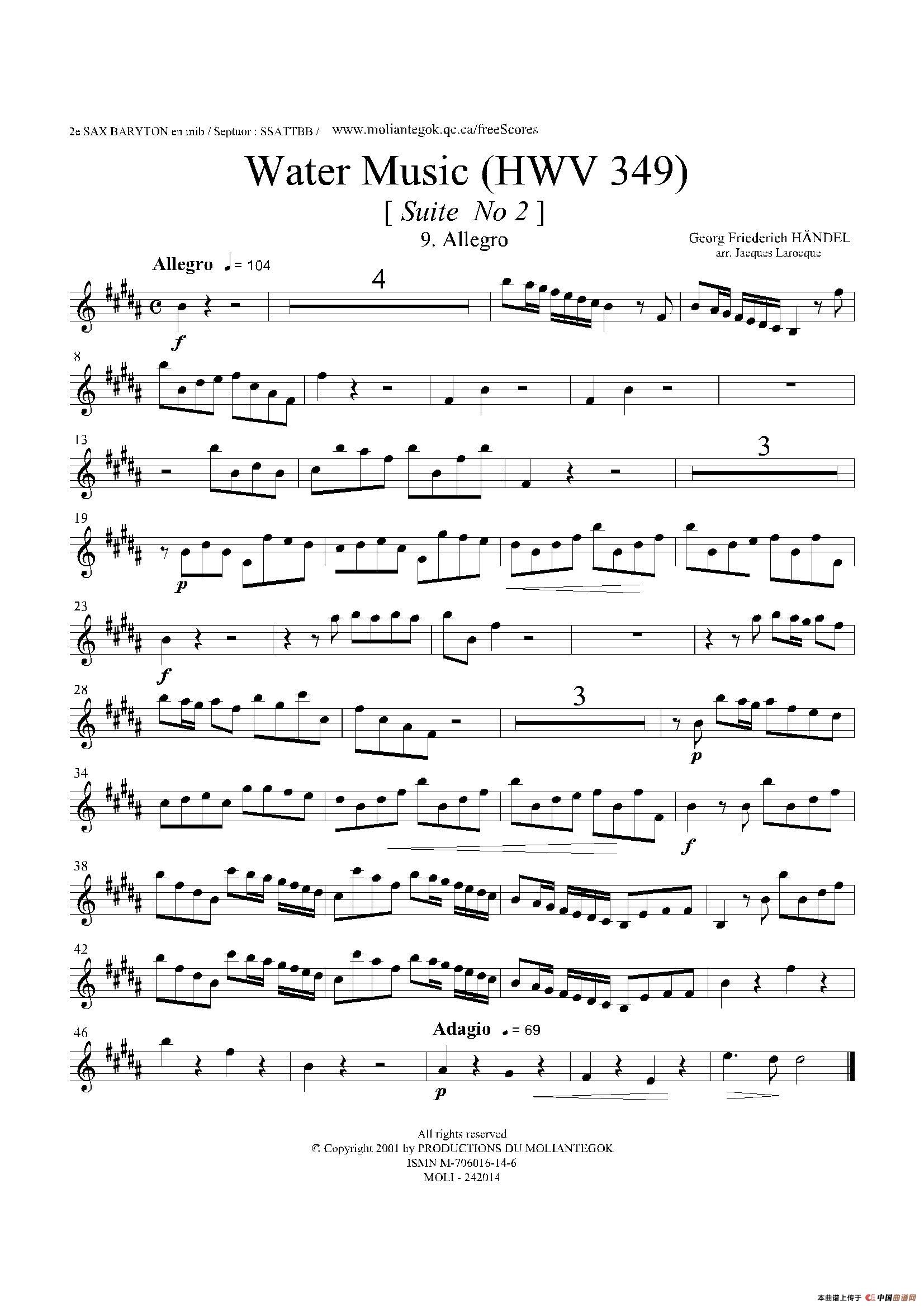 Water Music（HWV.349 No.2）（第二上低音萨克斯）萨克斯曲谱（图1）