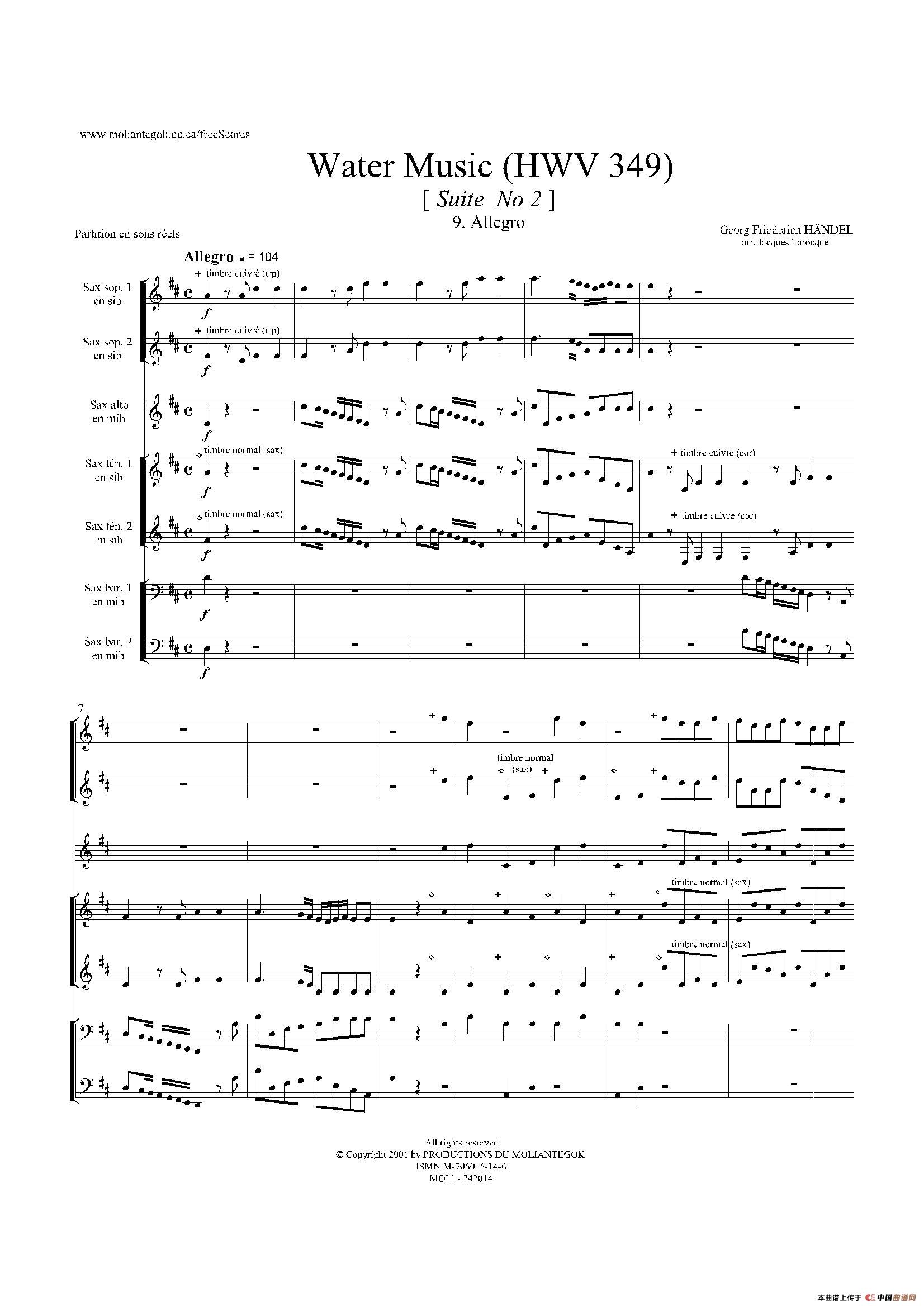 Water Music（HWV.349 No.2）（萨克斯合奏总谱）萨克斯曲谱（图1）