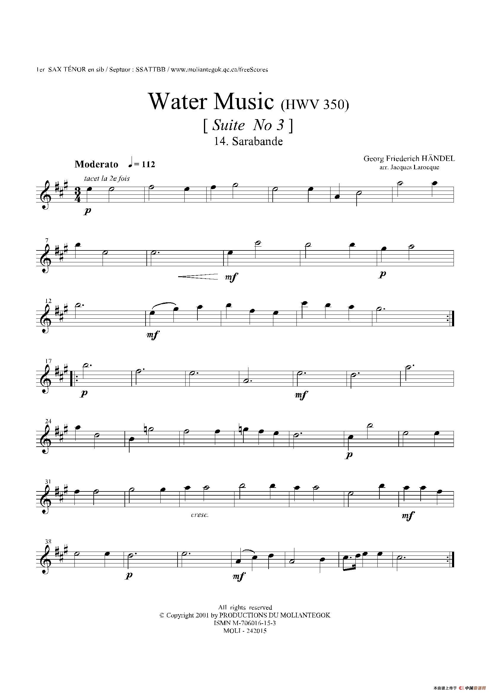 Water Music（HWV.350 No.3）（第一次中音萨克斯）萨克斯曲谱（图1）