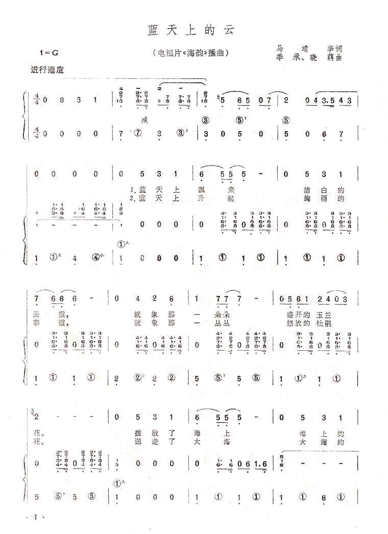 蓝天上的云（手风琴简谱系列95）手风琴曲谱（图1）
