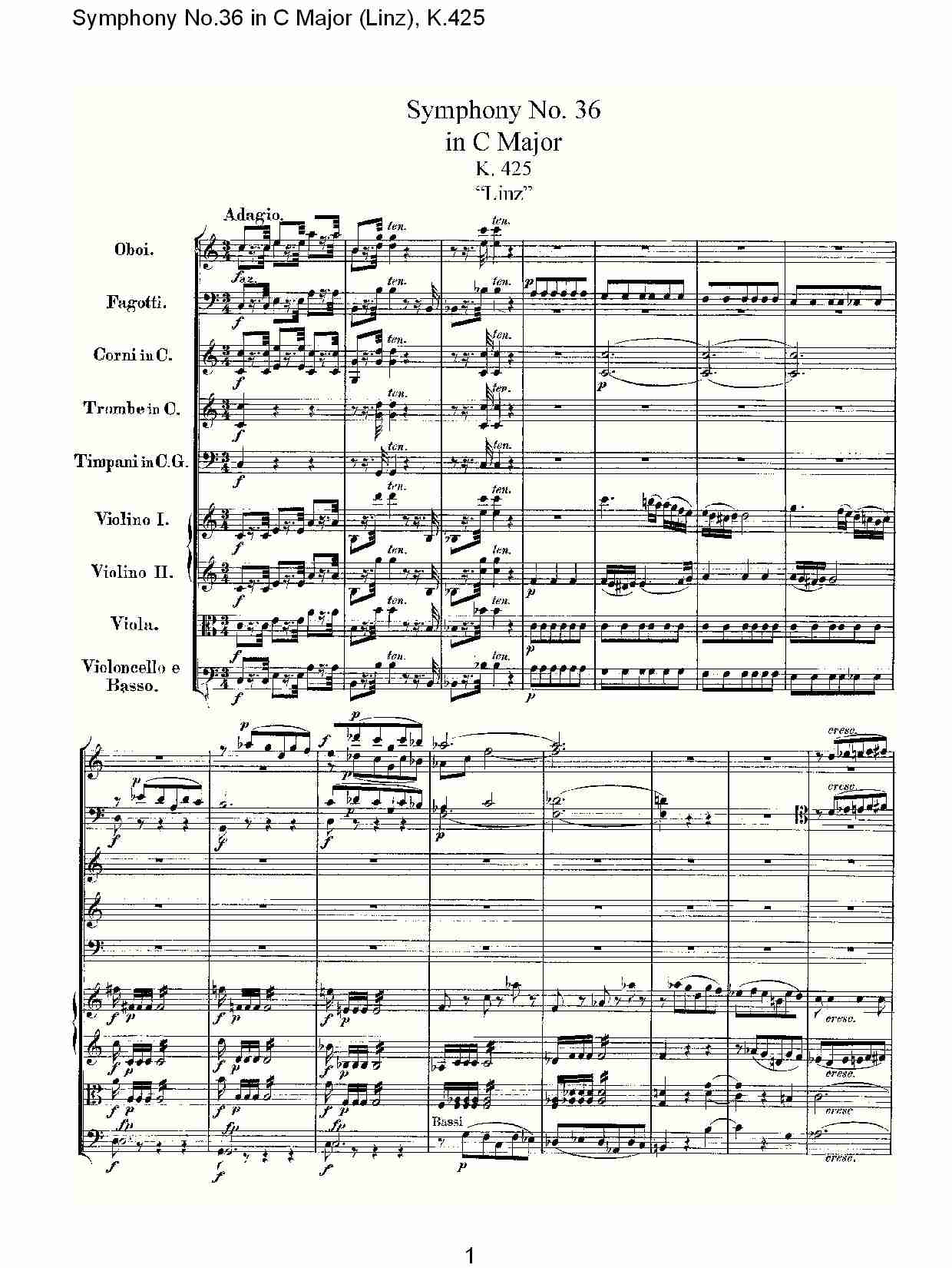C大调第三十六交响曲K.425 （一）总谱（图1）