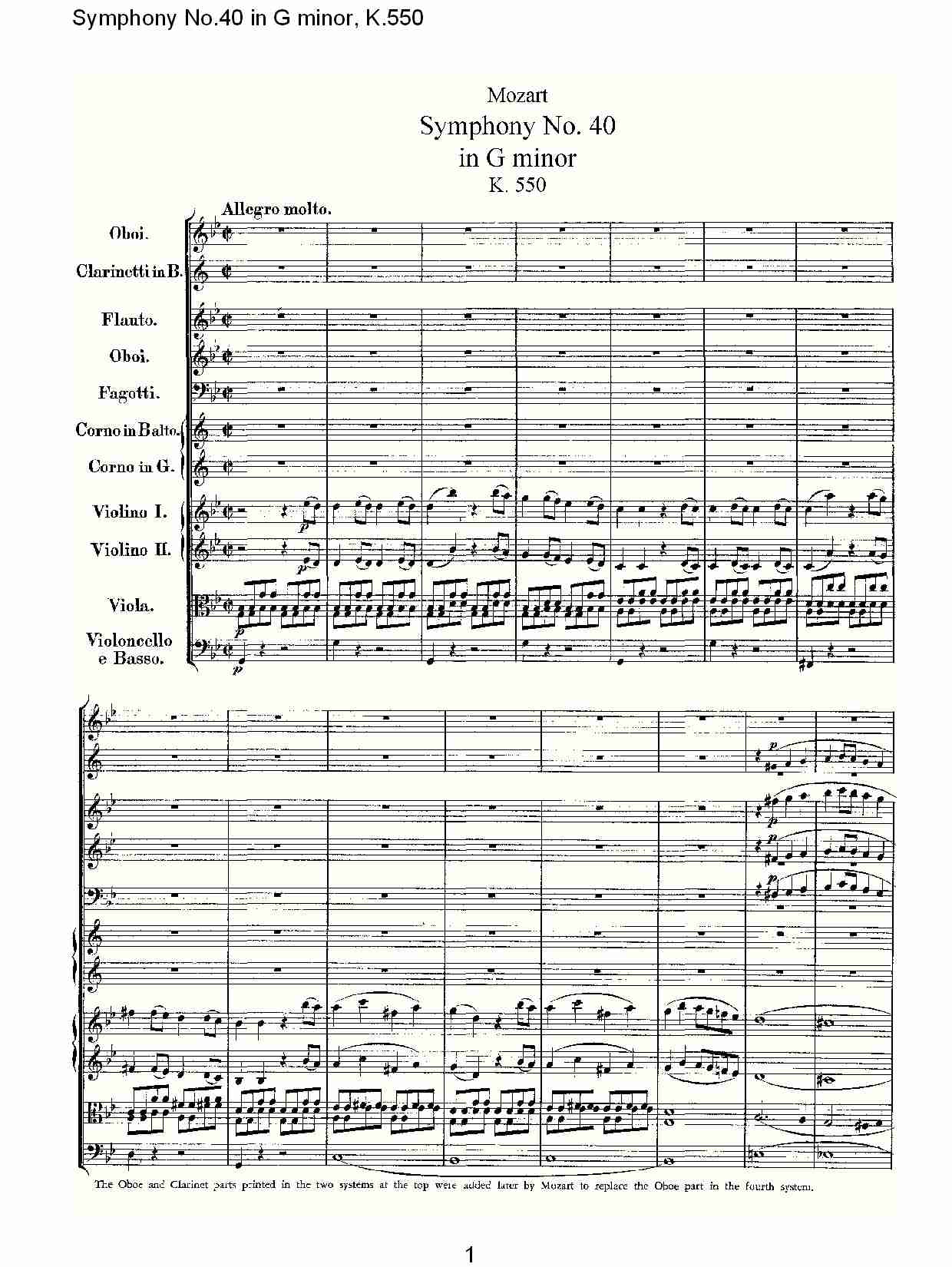 G小调第四十交响曲K.550 （一）总谱（图1）