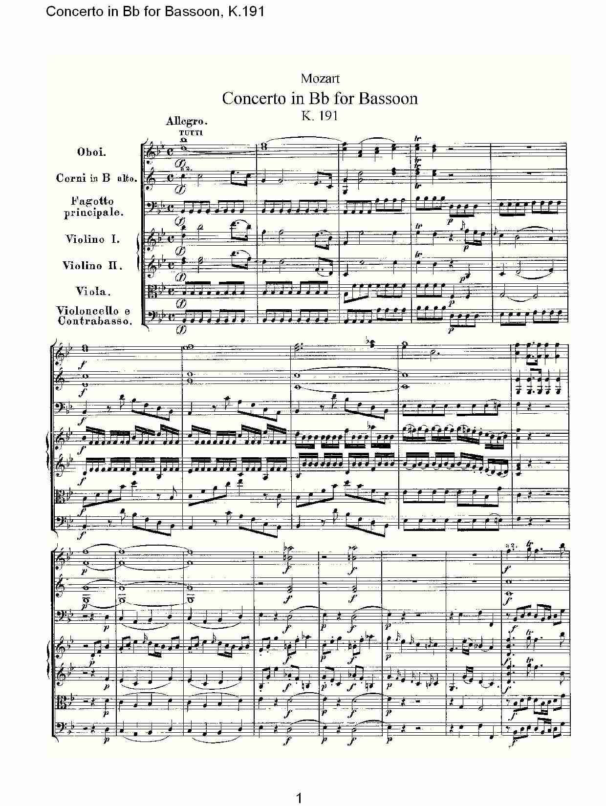 Bb调巴松管协奏曲, K.191（一）总谱（图1）