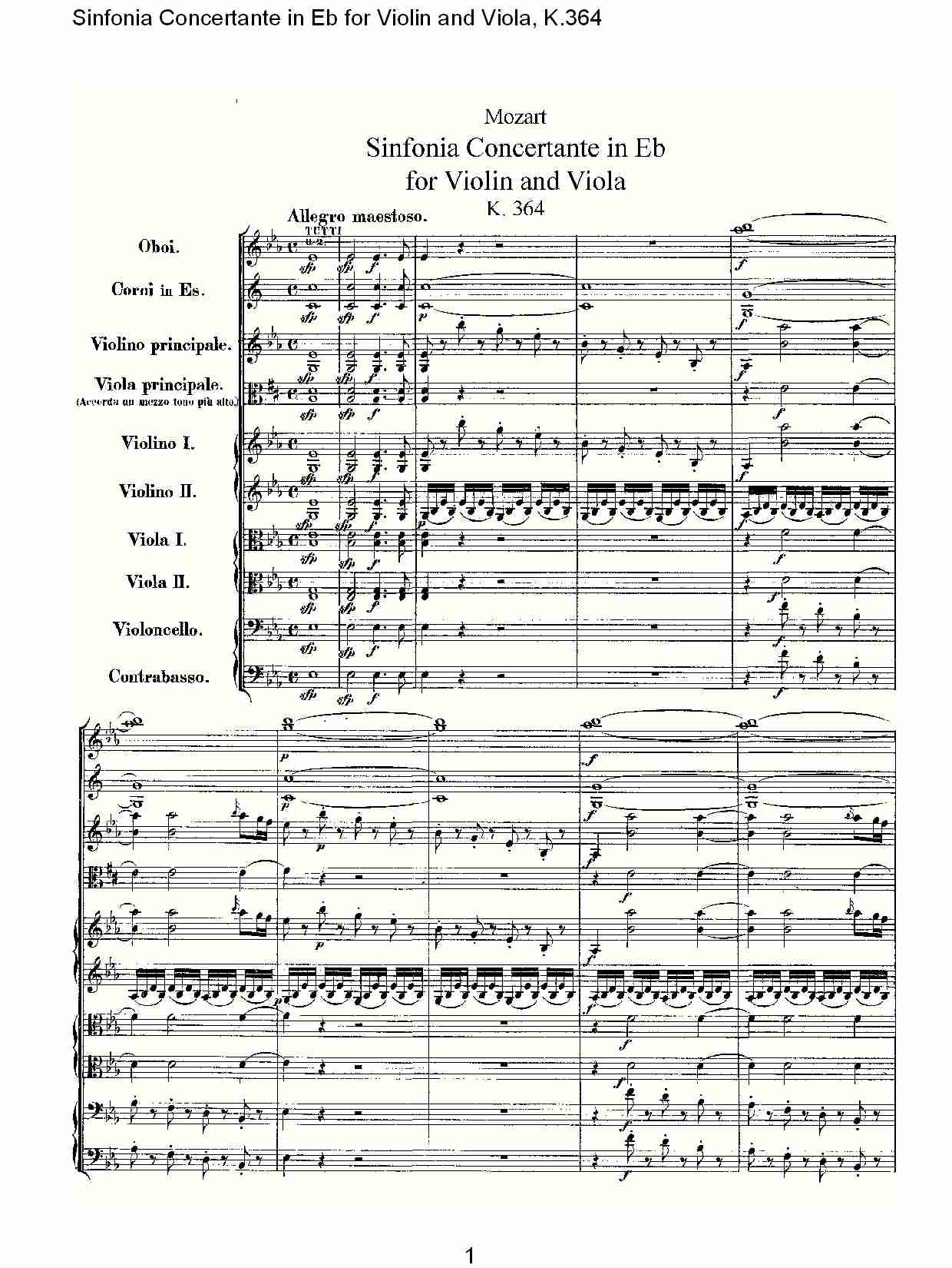 Eb调小提琴与中提琴炫技序曲, K.364（一）总谱（图1）