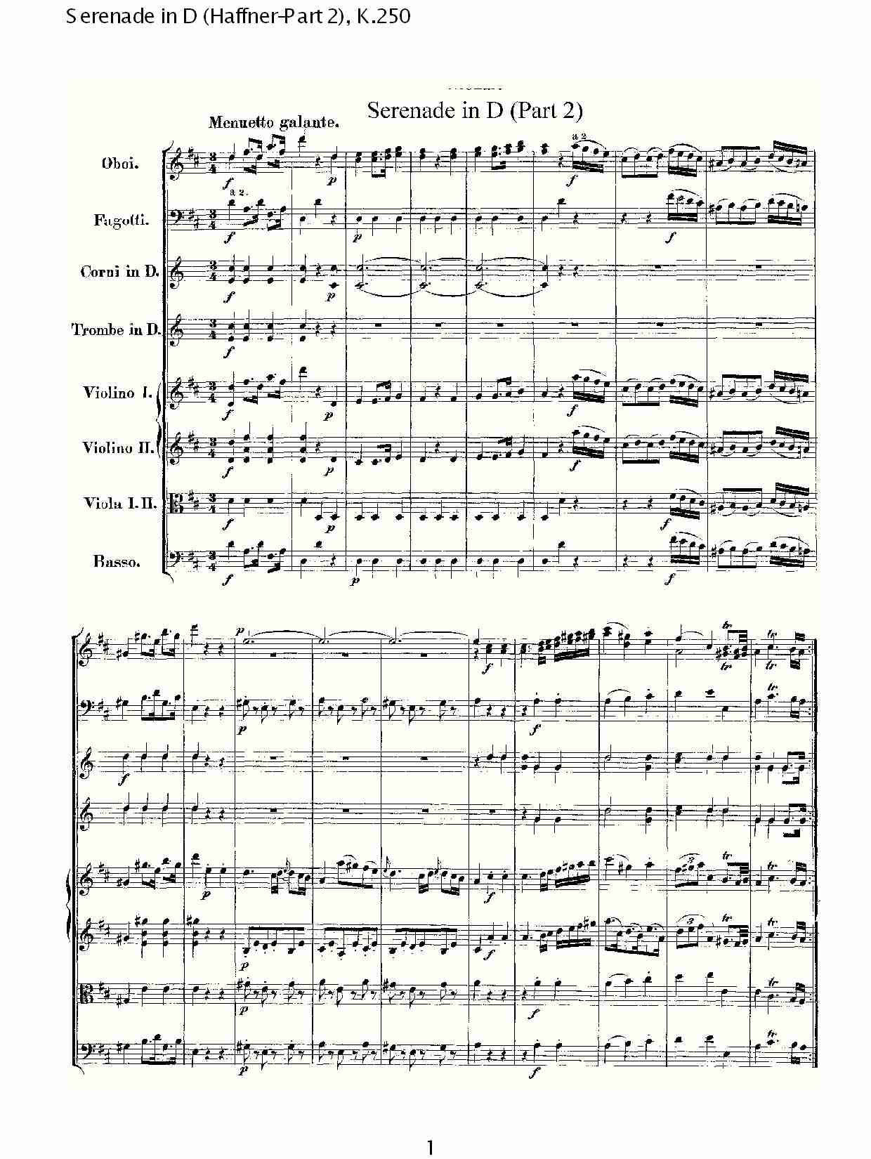 D调小夜曲(Haffner-第二部), K.250（一）总谱（图1）