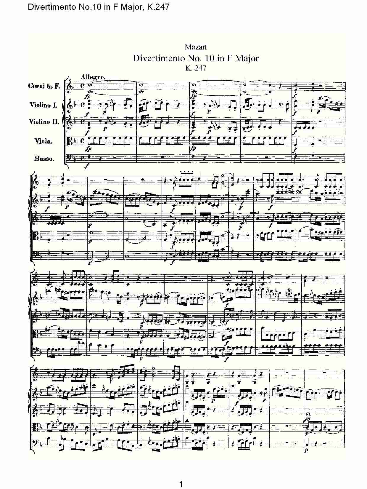 F大调第十嬉游曲,K.247（一）总谱（图1）