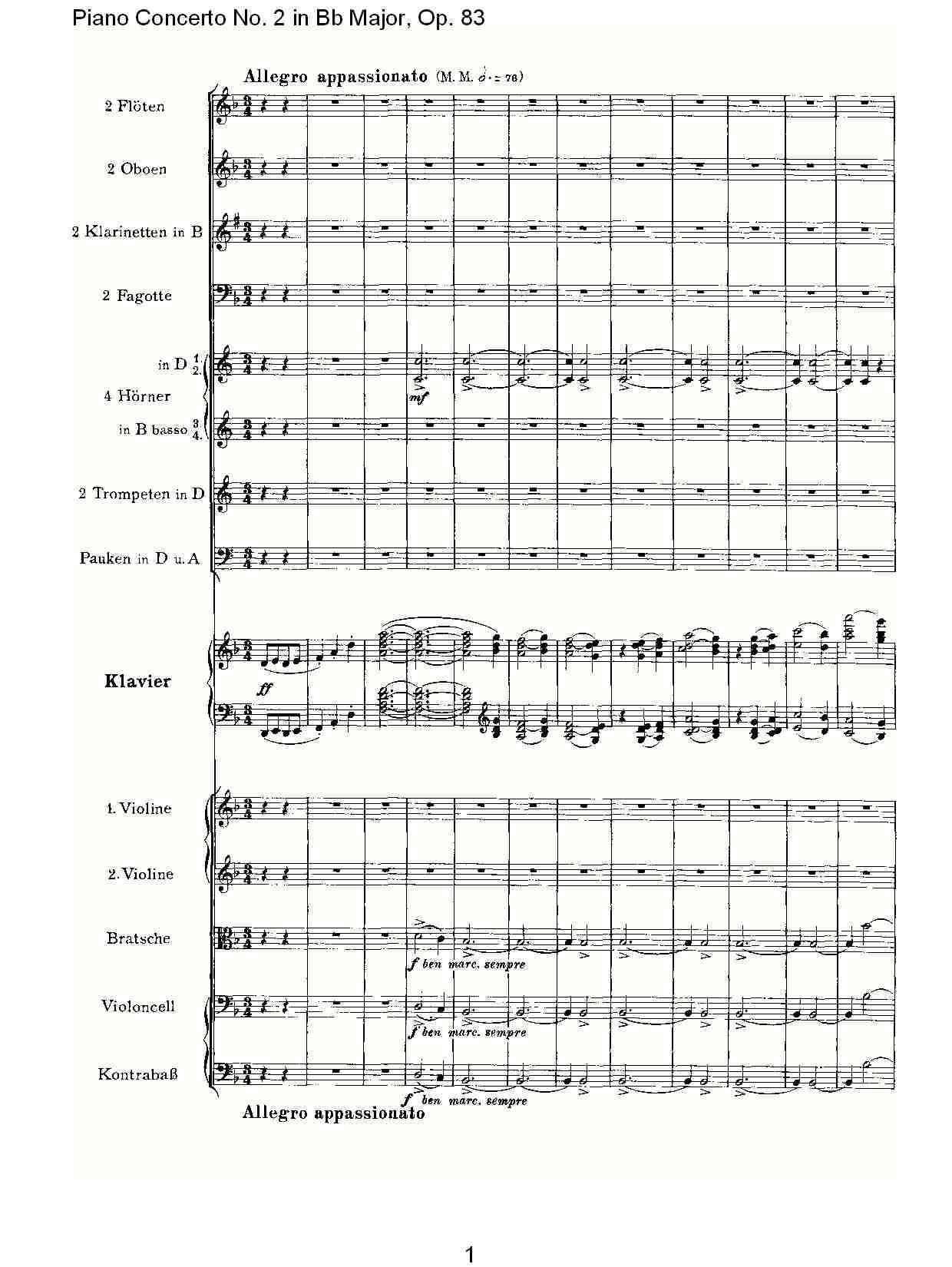 Bb大调钢琴第二协奏曲, Op.83第二乐章（一）总谱（图1）