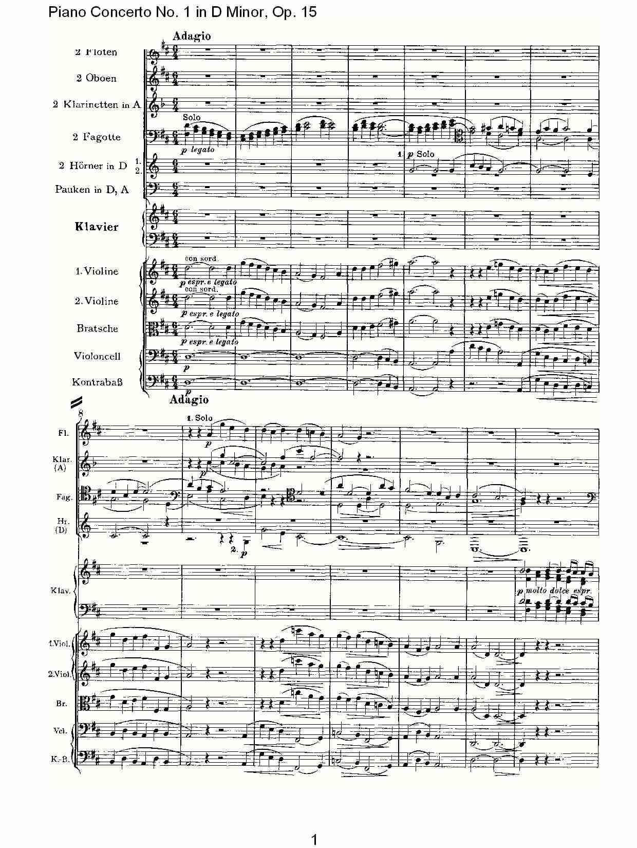 D小调钢琴第一协奏曲, Op.15第二乐章（一）总谱（图1）