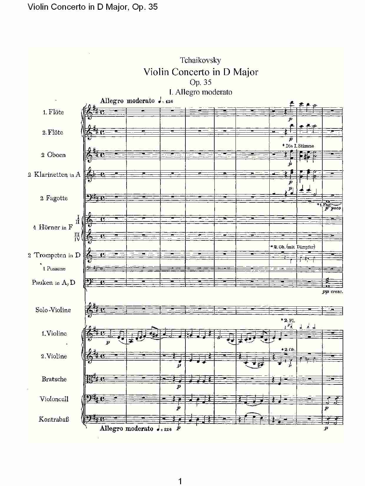 D大调小提琴协奏曲, Op.35第一乐章（一）总谱（图1）