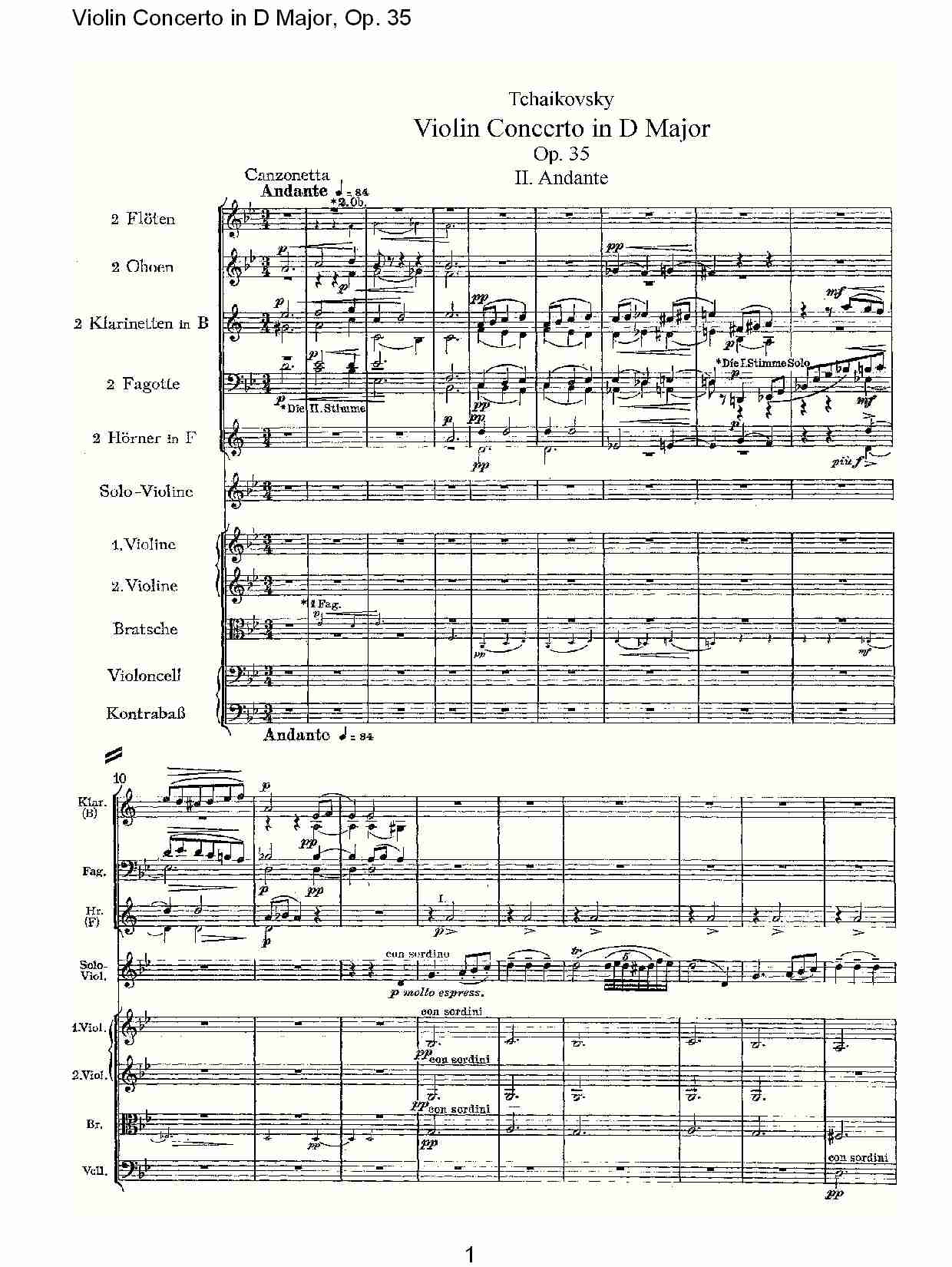 D大调小提琴协奏曲, Op.35第二乐章（一）总谱（图1）