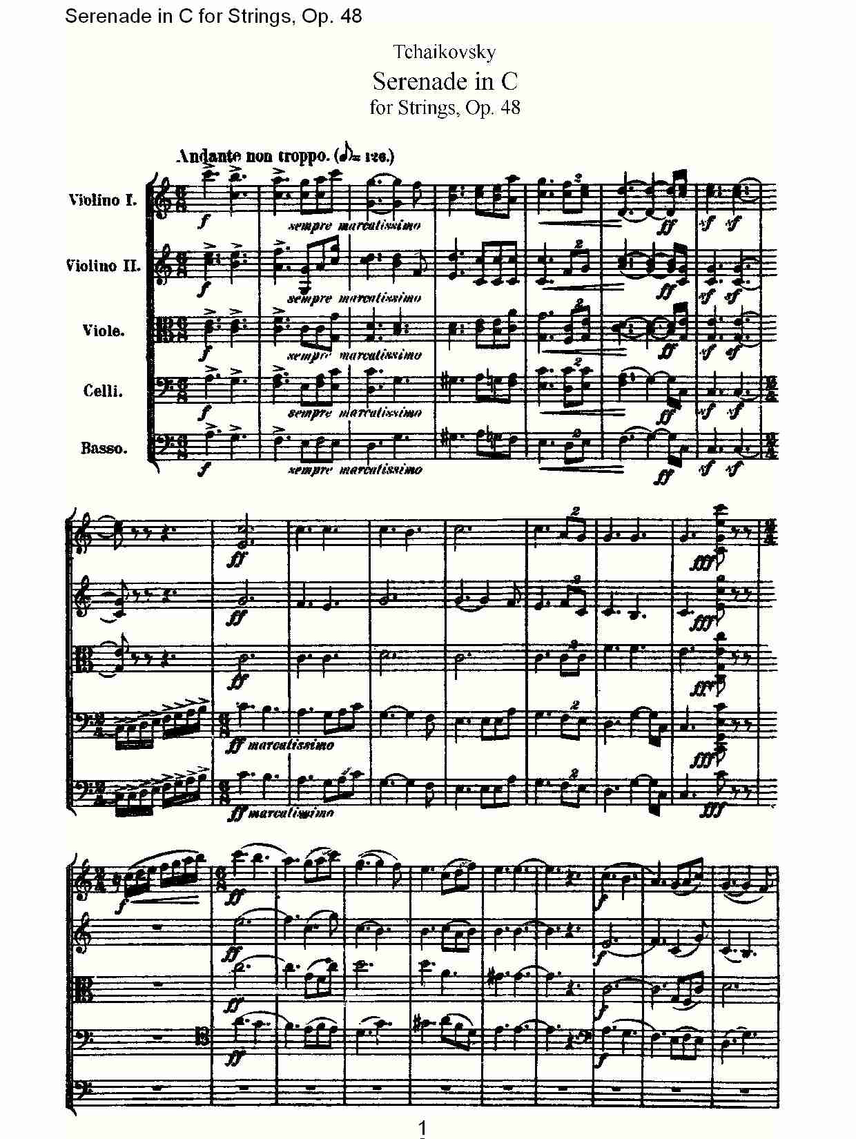 Serenade in C for Strings, Op.48  C调弦乐小夜曲，Op.48（一）总谱（图1）
