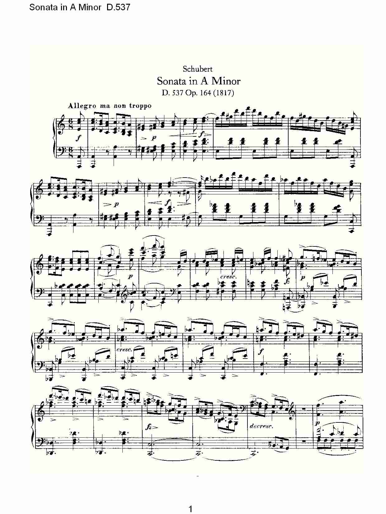 Sonata in A Minor D.537 A小调奏鸣曲D.537（一）总谱（图1）