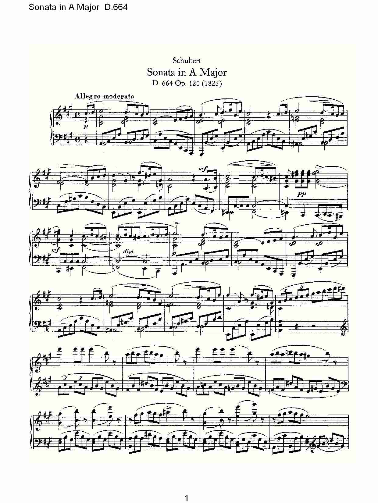 Sonata in A Major D.664  A大调奏鸣曲D.664（一）总谱（图1）