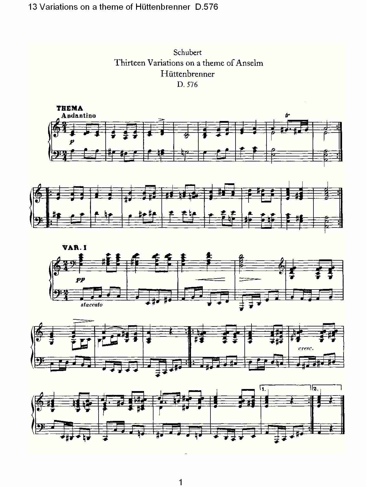 Hüttenbrenner主题13变奏曲D.576（一）总谱（图1）