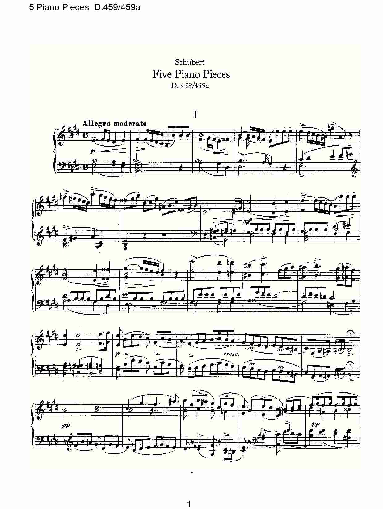 5 Piano Pieces D.459/459a    钢琴五联奏D.459/459a（一）总谱（图1）