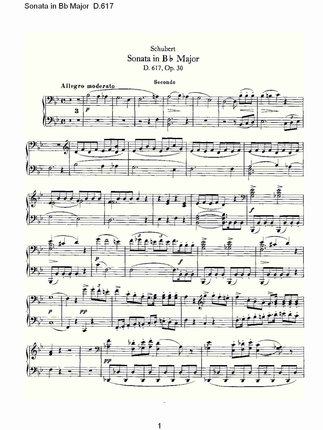 Sonata in Bb Major D.617  Bb大调奏鸣曲D.617（一）总谱（图1）